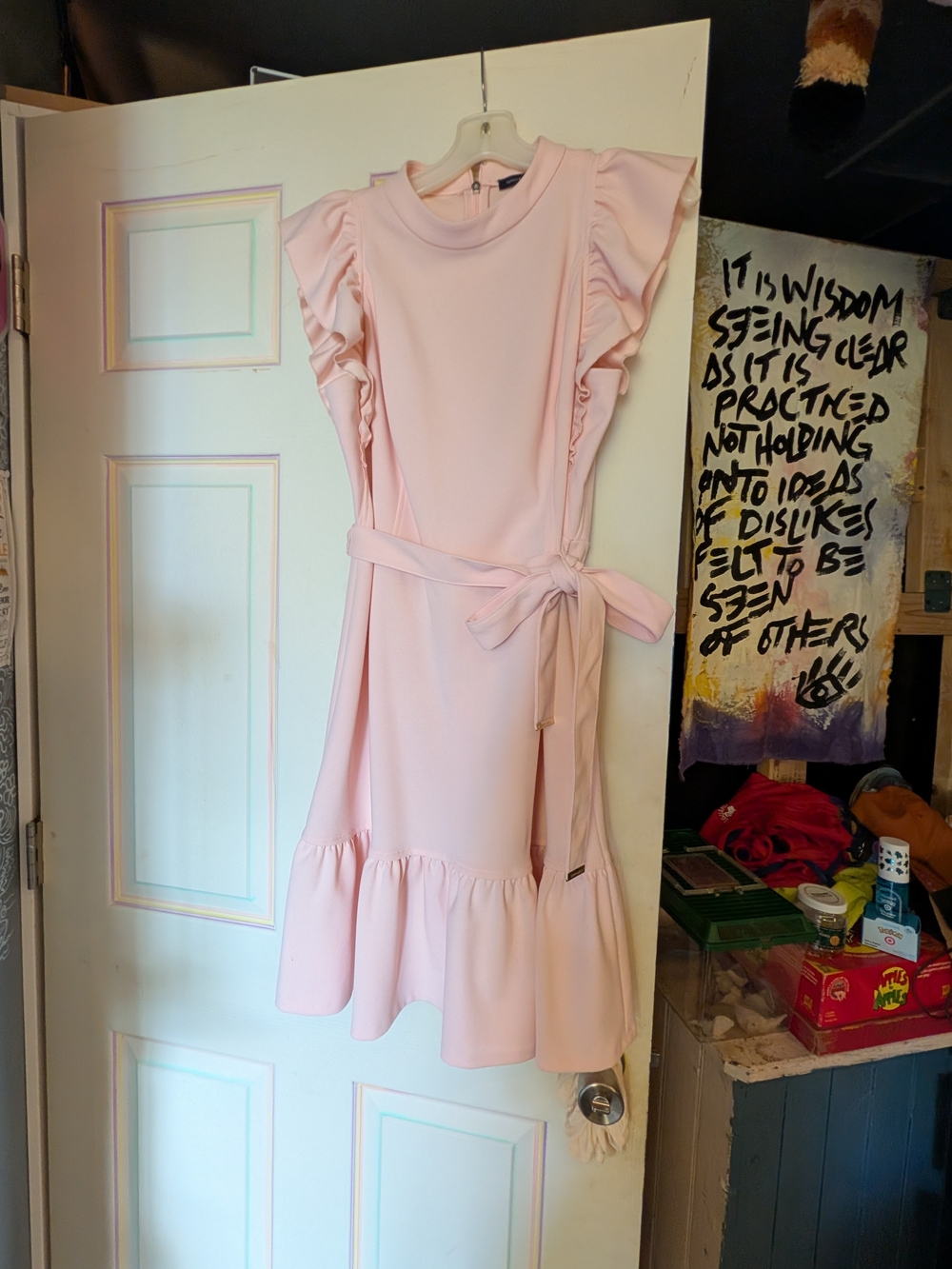 Tommy Hilfiger Pale Pink Ruffle Midi Dress with Tie Waist